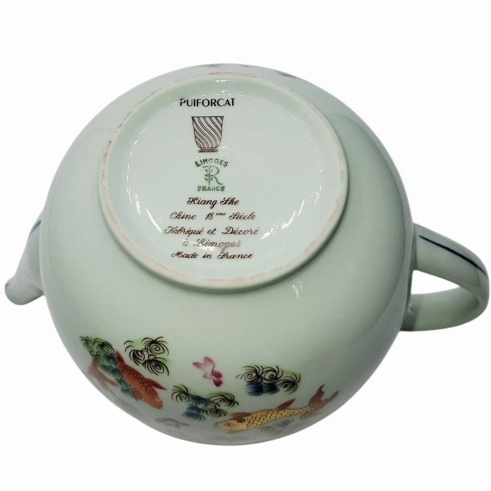 Puiforcat Limoges France Kiang She Porcelain Teapot Chinese Fish Motif 8